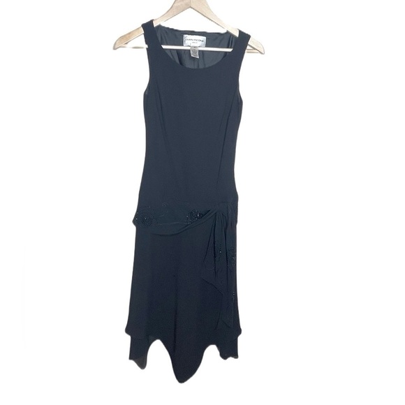 𝅺evan picone black beaded detail drop waist sleeveless chiffon side tie dress - Picture 1 of 9